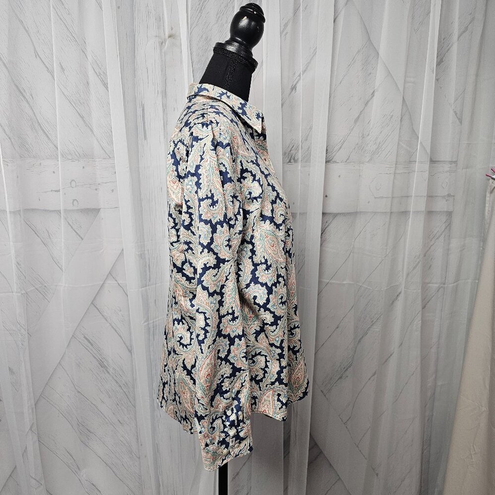 Chaps Navy Blue Pink Paisley Button-Down Long Sleeve Boho Blouse Size PXL - Picture 5 of 12